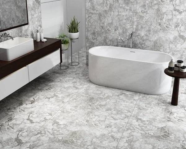 Parlak siyah mermer tezgahlı parlak modern banyo, beyaz seramik leğen, ve ince kapalı bitki dekoru, seramik küvet. 3 Boyutlu Çizimler. 3B Hazırlama