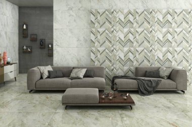 Şam fıstığı renginde mermer döşeme, yarı ahşap ve yarı konforlu kahve sehpası olan şık bir oturma odası. 3 Boyutlu Çizimler. 3B Hazırlama