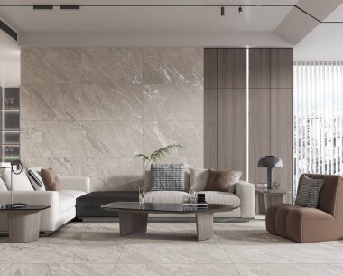 Geniş oturma odası iç tasarım alanı bej kuvars duvar paneli, duvarda ahşap elementler ve beyaz şeffaf perdeler. 3B Hazırlama