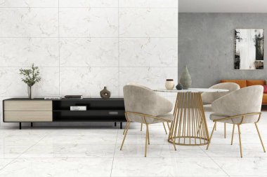 Modern aile yemek salonu fayanslı duvar panelleri, şık dekorları, ahşap mobilyaları olan bir oturma odası. Modelleme. 3B Hazırlama