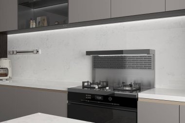 Yakından bak. Konforlu mutfak iç dekorasyonu desenli fayanslar, beyaz kuvars tezgahları, yüklenmiş indeksasyon ve yumuşak gri renk paleti. 3B Hazırlama