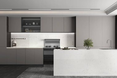 Gösterişli mutfak iç tasarımı mermer duvar kaplaması, dahili cihazlar, ve sıcak kabin altı aydınlatma, şelale mutfak merkezi adası. 3B Rendeing