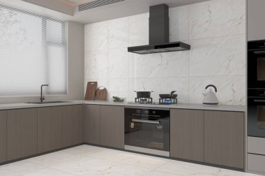 Şatafatlı mutfak iç kısmı mermer tezgahlı, tam boy arka sıçraması ve fayanslı duvarlara yansıyan doğal güneş ışığı, diğer temel malzemelerle birlikte siyah baca egzozu. 3B Hazırlama