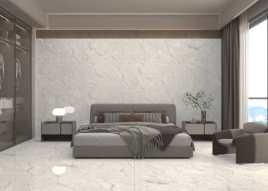 Modern yatak odası iç tasarımı beyaz ve bej renkli mermer döşeme yumuşak kumaş yatak başlığı ve sıcak dekor, büyük boy yatak. Üç boyutlu görüntüleme. Model