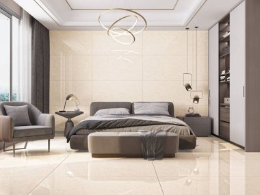 Rahat, modern yatak odası, dokulu duvarlar ve çevre aydınlatma düzeneği, eşsiz kıvrımlı asılı avize, duvarda ve yerde bej renkli parlak mermer. 3B Hazırlama