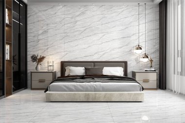 Kuvars büfeli şık bir yatak odası, metalik dekor aksanlı, siyah parlak ahşap kapılı, giysi kapağı asılı. 3 Boyutlu Çizimler. 3B Hazırlama