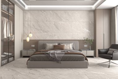 Minimum yatak odası fayanslı duvarlar, ahşap dekor aksanları, asılı lambalar, ahşap dekorlar, rahat tekerlekli sandalye. 3B Hazırlama