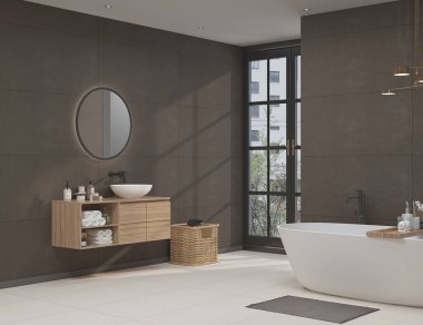 Minimum kuvars kapaklı banyo, yuvarlak ayna, ve sıcak ışıklandırma, ahşap mobilya, koyu kahverengi boş duvar, beyaz seramik zemin. 3B Hazırlama