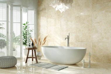 Modern banyo içi mermer kibir, serbest beyaz küvet ve dekoratif duvar fayansları ile tarafsız tonlarda. 3B Hazırlama