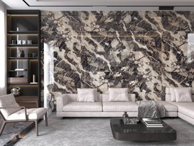 Modern yaşam alanı içinde siyah parlak kuvars sehpası, ambiyansı gevşetin, aydınlatma ve bej ve kahverengi tonları var. 3B Hazırlama