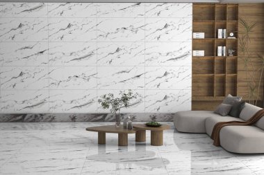 Taş desenli duvarları, sıcak tonlu mobilyaları, ahşap mobilyaları, arka sıçraması, ahşap sehpası olan rahat bir köşedeki yaşam. 3B Hazırlama