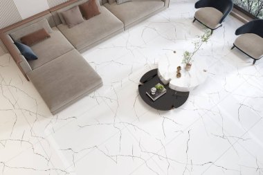 3D Mockup Minimal oturma odası iç tasarımının üst görüntüsü. Temiz çizgiler, fayanslı arka plan ve açık tonlu, rahat kanepe seti. 3 Boyutlu Çizimler. Modelleme. 3B Hazırlama