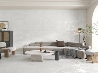 İçinde mermer sehpa ve kapalı yer bitkileri olan parlak bir iç mekan, hafta sonu vila iç mekanında bol miktarda turuncu kanepe. 3B Hazırlama