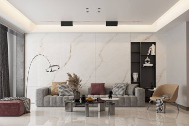 Çağdaş sanatsal oturma odası döşeme döşemeleri ve altın aksanlı, tutku statüsü kazanmaya hazır. 3B Hazırlama