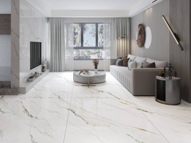 Beyaz kuvars desenli ve en az renk paleti olan, mobilyalı oturma odası olan çağdaş yaşam alanı. Stüdyo daire. 3B Hazırlama