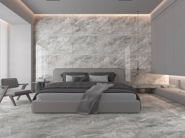 Yatak odasının içi yüksek parlak mermer döşeme, yumuşak kumaş döşeme ve sıcak tonlarla kaplı. Modelleme. 3B Hazırlama