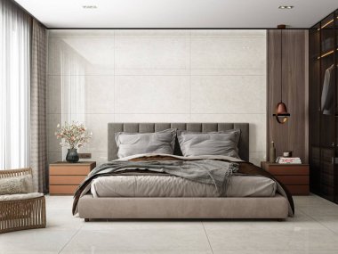 Zarif ana yatak odası. Duvarında kalacatta fayansları, döşemeler, çift ahşap komodinleri ve dekoratif ışıkları var. 3B Hazırlama