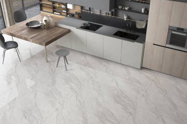 Mutfağın içini kuvars adasıyla, ahşap dolapla, masa üstüyle ve kolye ışıklarıyla donat ki sıcak bir ortam yaratsın. 3B Hazırlama