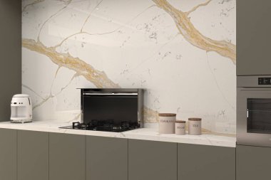 Mat dekorlu, minimalist mutfak tasarımı ve mermer renkli gölgeler. 3B Hazırlama