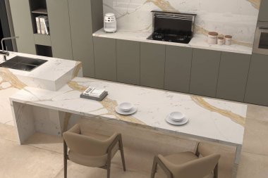 Gri ahşap dolapları, kuvars yüzeyleri ve yumuşak altın ışıklandırması olan lüks bir mutfak. Modelleme. 3B Hazırlama