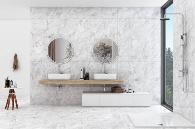 Modern banyo iç tasarımı mermer duvar dekoru ve ahşap yüzey üzerinde çift beyaz leğenler, çift dairesel ayna, ahşap mobilya, sıcak tonlu aksesuarlar, duş alanı. 3B Hazırlama
