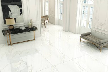 Parlak aile oturma odasının içinde duvarda mermer döşeme, kocaman modern sanat eserleri, duvarda poster ve altın ışıklandırma var. Muazzam bir ortam. 3B Hazırlama