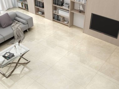 Lüks bir salon, desenli fayanslar, nötr mobilyalar, ve sıcak aydınlatma, oturma odasının köşesinde kitap rafı, bej renkli siyah duvarda televizyon. Modelleme. 3B Hazırlama