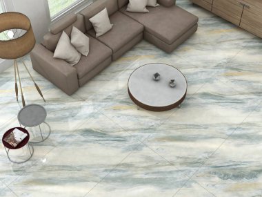 Parlak yaşam alanı fayanslı arka plan, modern kanepe seti, ve açık dekor, seramik masa üstü kahve masası, kahverengi stand lambası. Modelleme. 3B Hazırlama