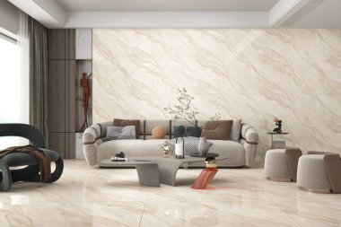 Minimalist oturma odası döşeme, yumuşak gri kumaş kanepe, duvarda yeşillik, ahşap mobilya, rahat kanepe seti, asılı avize. Modelleme. 3B Hazırlama