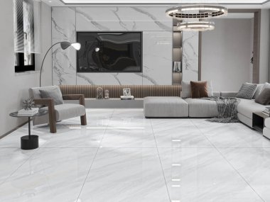 Duvardan dekorlu ve ince gümüş aksanlı modern nötr iç tasarım mermer duvar panelinde televizyon yastıklı sıcak beyaz kanepe, asılı avize. Modelleme. 3B Hazırlama