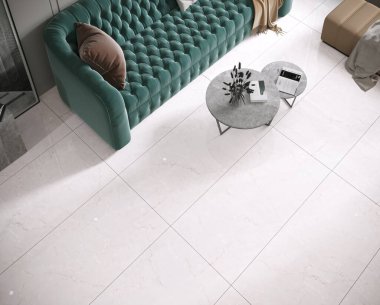 Zeminde gül renkli fayanslar ve çift kahve masalı yeşil kanepe seti ve tasarımcı ışıklandırmasıyla lüks bir oturma odası. Modelleme. 3B Hazırlama