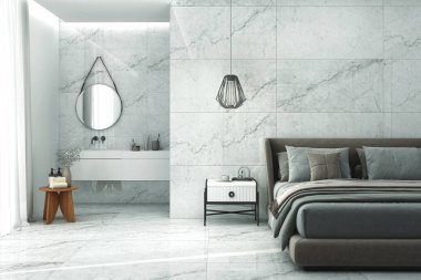 Şık bir yatak odası iç tasarımı, fayanslı uzun metrajlı duvar ve nötr yatak, duvarda asılı dairesel ayna. Modelleme. 3B Hazırlama