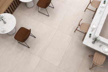 İç tasarımın en üst görüntüsü. Kuvars masaları, kolye ışıkları ve yumuşak renklerin yer aldığı zarif bir kafe düzeni. Modelleme. 3B Hazırlama