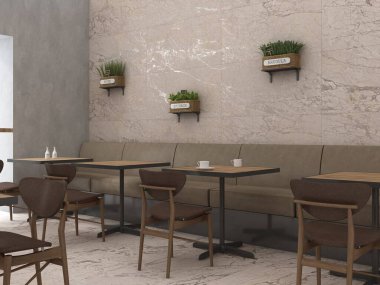 Mermer döşemeli, sanatsal duvar tasarımlı, sandalyeli ahşap masalı modern restoran iç mimarisi. Modelleme. 3B Hazırlama