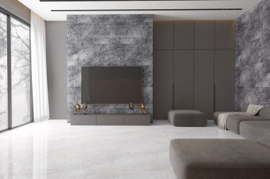 Mermer döşemeli, gri kadife koltuklu ve sanatsal dekorlu çağdaş oturma odası. 3B Hazırlama