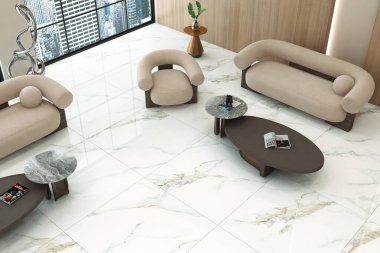 Ofis resepsiyon alanı içinde. Modern ofis içi mermer resepsiyon masası ve şık dekorlu. Üç boyutlu görüntüleme. Model