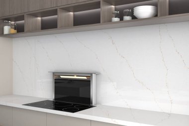 Şatafatlı mutfak alanı desenli fayanslı duvarlar, cilalı kuvars tezgahlar, ahşap depo dolabı ve zarif dekorlar. Modelleme. 3B Hazırlama