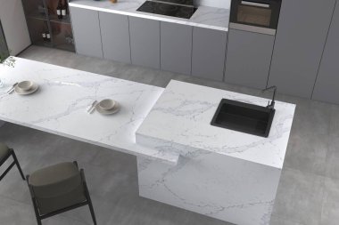 Kuvars arka sıçramalı, ahşap süslemeli ve temiz mat kaplamalı müsrif mutfak. 3B Hazırlama