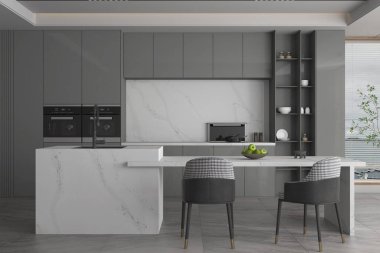 Benzersiz dekorasyon parçaları ve yumuşak mermer tonlarıyla, tezgahın üzerinde beyaz parlak mermer ve ahşap depolama mobilyalarıyla sanatsal mutfak. Üç boyutlu görüntüleme. Modelleme. 3 Boyutlu Resimler