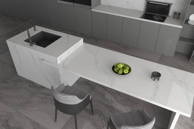 Tabaklar, meyve kaseleri ve seramiklerle düzenlenmiş beyaz mermer tezgahlı modern mutfak tasarımı. Modelleme. 3B Hazırlama