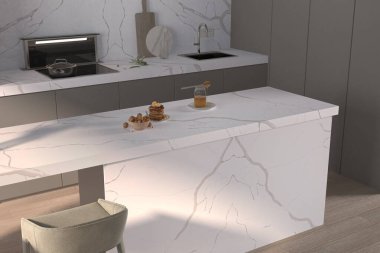 Parlak kuvars çalışma istasyonu, ahşap döşeme ve sıcak minimalist dekorla modern, parlak bir mutfak. Üç boyutlu görüntüleme. Modelleme. 3 Boyutlu Resimler