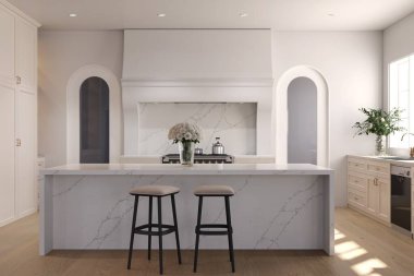 Ada tezgahı olan parlak bir mutfak, metalik eşyalar, tahta tabureler. 3B Hazırlama