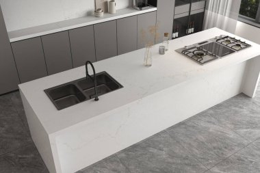 Kuvars atölyeli, desenli fayans duvarlı, entegre depolamalı ve modern estetiği geliştiren ince dekorlu parlak lüks mutfak. 3B Hazırlama