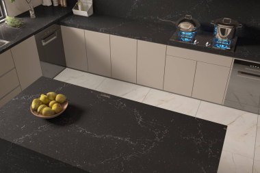 Üst Manzara. Modern açık mutfak tasarımı mermer kaplama, pürüzsüz dolap, yumuşak dekor aksanları ve rafine edilmiş malzemeler. Modelleme. 3B Hazırlama