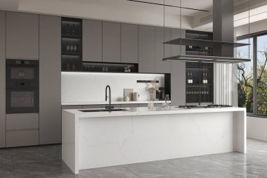 Kuvars adası, nötr seramik seramik kaplama, ılık gri parlak dolap ve en az seramik döşeme içeren modern mutfak. Modelleme. Üç boyutlu görüntüleme. 3 Boyutlu Resimler