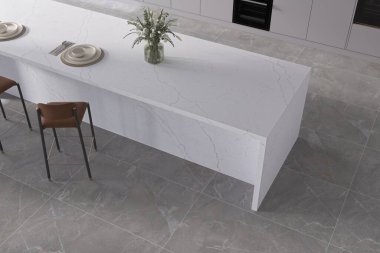 Lavish kitchen interior with marble center island with waterfall and double stool, side view on grey concrete floor. Mockup. 3D Illustrations. 3D Rendering