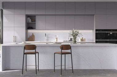 Bar adası, buzdolabı ve mutfak gereçleri olan ahşap raflar. Minimalist yemek pişirme. Modelleme. 3 Boyutlu Çizimler. Yüksek Çözünürlük. 3B Hazırlama