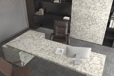 Ofis içi modern tarzda masa üzerinde beyaz mermer, güzel dekor, ahşap kitap rafı, masa ve koltukta bilgisayar. Modelleme. 3D Illustration. 3B Hazırlama