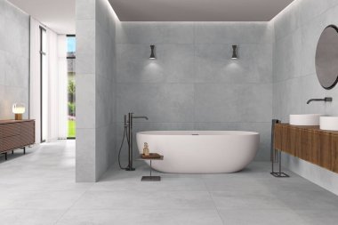 Taş kaplama fayanslarla, kuvars kibri yüzeyiyle, zarif kabineyle ve ince dekoratif elementlerle donatılmış sofistike bir banyo. Modelleme. Üç boyutlu görüntüleme. 3 Boyutlu Resimler