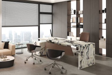 En iyi ofis çalışma alanı mermer masa panelleri, minimalist dekor, döşeme döşemeleri ve rafine modern ışıklandırma. Modelleme. 3B Hazırlama